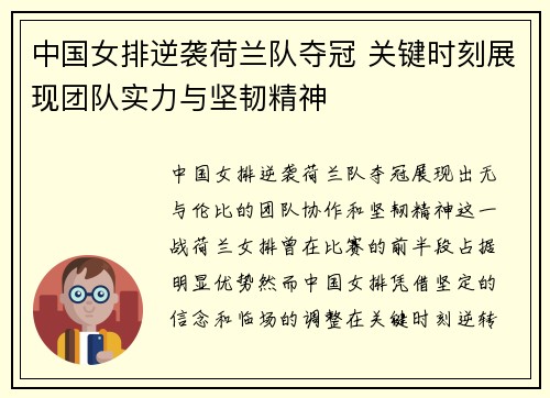 中国女排逆袭荷兰队夺冠 关键时刻展现团队实力与坚韧精神