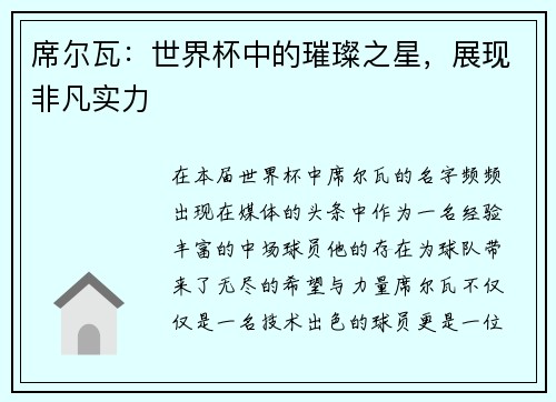 席尔瓦：世界杯中的璀璨之星，展现非凡实力