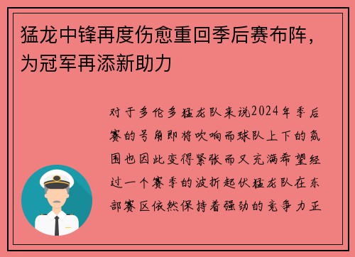 猛龙中锋再度伤愈重回季后赛布阵，为冠军再添新助力